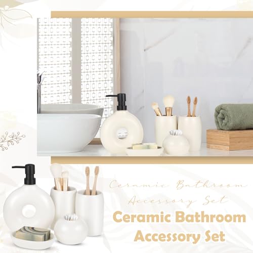 FoldTier 5 Pcs Ceramic Bathroom Accessories Set Includes Soap Dispenser Toothbrush Cup Holder Soapbox Holder Stylish Modern Bathroom Matte Glaze Decor(White)