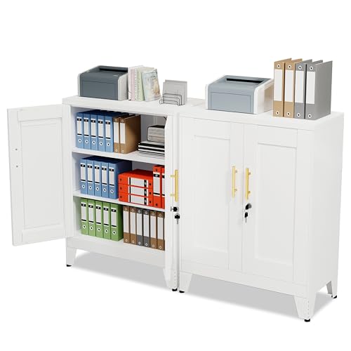 GAIOUS White Metal File Cabinet with Lock(Two Units), Steel Storage Cabient | with 2 Doors and 2 Adjustable Shelves, Multifunctional Locked Cabinet for Home/Office/Garage/Tool Room, Accent Furniture - color: White (Two Units), size: 13.78"D x 27.56"W x 35