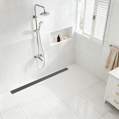 Linear Shower Drain - 48 Inch Matte Black, with Grate Removable | AISI 304 Stainless Steel Shower Drain with Adjustable Feet, Hair Catcher, Rectangle Shower Floor Drain Fits Bathroom, Balcony - color: Matte Black, size: 48 Inch