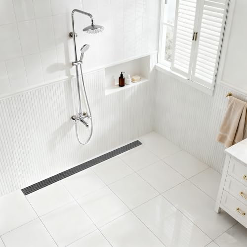 Linear Shower Drain - 60 Inch Matte Black, with Grate Removable | AISI 304 Stainless Steel Shower Drain with Adjustable Feet, Hair Catcher, Rectangle Shower Floor Drain Fits Bathroom, Balcony - color: Matte Black, size: 60 Inch
