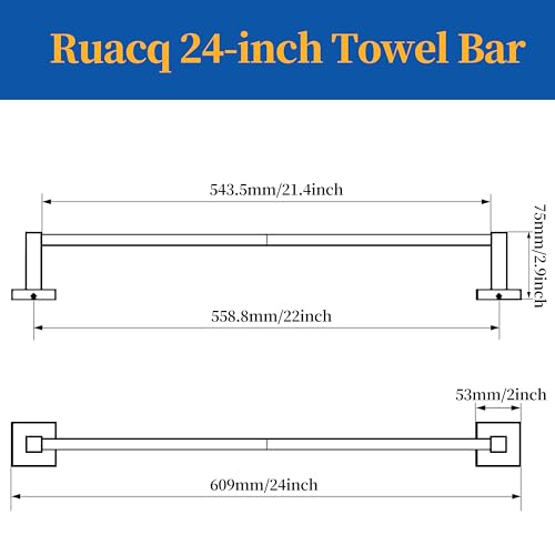 RUACQ Towel Bar 22" Towel Racks for Bathroom Wall Mounted, Brushed Nickel | Total Length 24 Inch Single Towel Rod, Bath Towel Holder, 304 Stainless Steel, Rustproof, Square Base, Heavy Duty, Modern - color: Brushed Nickel, size: 22 inch(Center to Center)