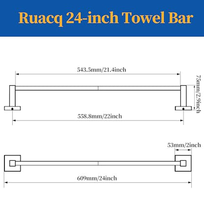 RUACQ Towel Bar 22" Towel Racks for Bathroom Wall Mounted, Matte Black | Total Length 24 Inch Single Towel Rod, Bath Towel Holder, 304 Stainless Steel, Rustproof, Square Base, Heavy Duty, Modern - color: Matte Black, size: 22 inch(Center to Center) Single