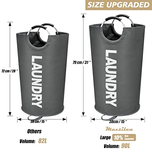 Maxsilan 90L Large Laundry Basket Bag, Collapsible Tall Hamper, Dark Grey | Freestanding tall laundry bag & foldable washing basket. Large capacity clothes storage bin with durable sturdy handles - color: Dark Grey, size: 90L