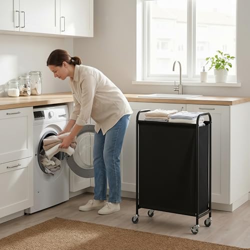 GRANNY SAYS Laundry Hamper, Slim Basket with Wheels and Handles, Black, 80L - color: Black, size: 80L