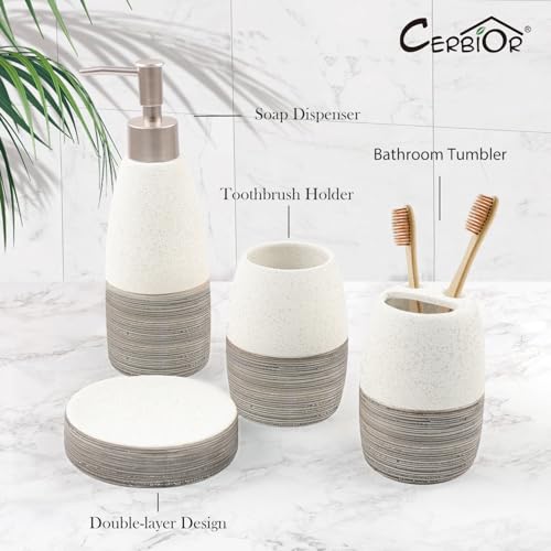 CERBIOR Bathroom Accessories Set,4 PCS Ceramic Bath Accessory,Grey White | Includes Toothbrush Holder, Toothbrush Cup, Soap Dish for Decorative Countertop and Housewarming Gift - style: White-Grey