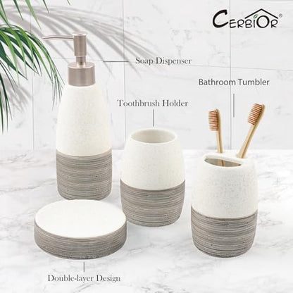 CERBIOR Bathroom Accessories Set,4 PCS Ceramic Bath Accessory,Grey White | Includes Toothbrush Holder, Toothbrush Cup, Soap Dish for Decorative Countertop and Housewarming Gift - style: White-Grey