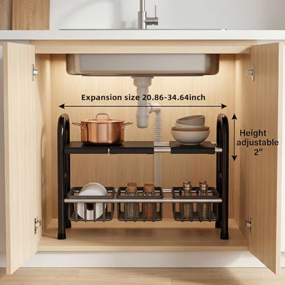Under Sink Organizers and Storage, 2 Tier 20.9"-34.6" Expandable Length with 3 Removable Baskets and 3 Removable Panels Expandable Shelf for Cupboard,Kitchen,Bathroom, Black