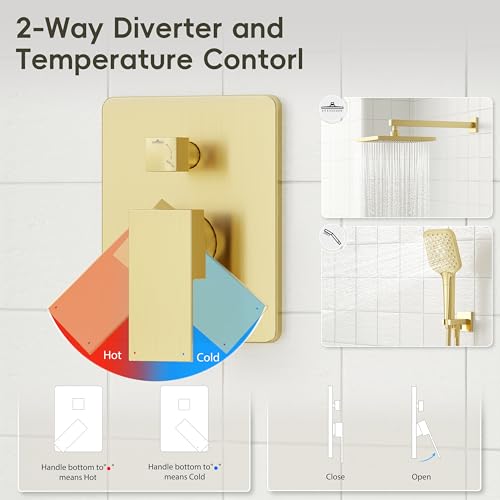 Gabrylly Shower System, 10" Shower Faucet Set with Handheld,Brushed Gold | Wall Mounted High Pressure Rain Shower Head with 3-Setting Handheld, Pressure Balance Shower Valve Kit Set for Bathroom - color: Gold
