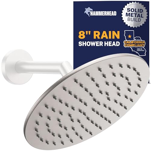 HammerHead Showers Solid Metal Round 8 Inch Rainfall Shower Head, High Flow Shower Head Optimized for Pressure, Brushed Nickel, 1.75 GPM - color: Brushed Nickel, size: 1.75 GPM