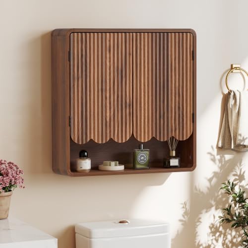 Fluted Bathroom Wall Cabinet, Wooden Bathroom Organizers, Scalloped Over The Toilet Storage Cabinet with Adjustable Shelf, Medicine Cabinets Wall Mounted for Bathroom, Laundry Room(Walnut) - color: Walnut