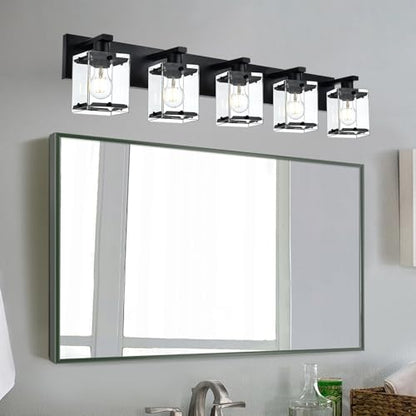 5-Light Modern Vanity Lighting, Black Bathroom Light Fixture Over Mirror with Rectangular Clear Glass,E26 Bulb Base - color: Black, Clear Glass, size: 5-Lights