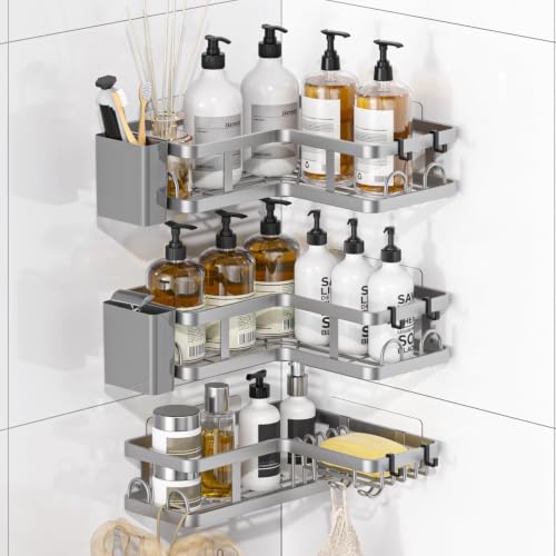 3 Pack Corner Shower Shelves, Rustproof Shower Organizer Caddy | No Drilling Shower Organizer Corner Exclusively for 90 Degree Right-Angle Walls with Hooks and Toothpaste Holder, Silver - color: Silver