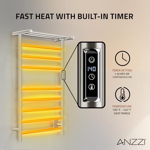 ANZZI Eve 8 Bar Stainless Steel Wall Mounted Electric Towel Warmer Rack | This Heated Will Safely Quickly And Evenly Warm Large, Fast Heating Simple Turning Switch, Premium Sustainable Material - color: Chrome