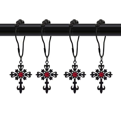 12Pcs Black Cross Shower Curtain Hooks Rings, Christian Shower Curtain Hook | Rustproof Stainless Steel Curtain Hooks, Home Bathroom Decorative Shower Rod Hardware Accessories - color: Black