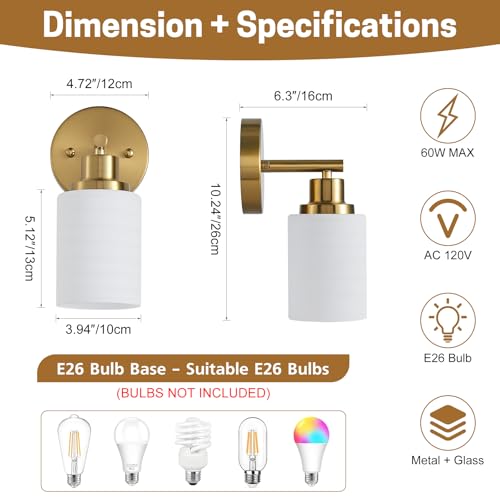 2-Pack, 1-Light Vanity Lights, Brushed Gold Bathroom Light Fixture with Textured Milky White Glass Shade, E26 Modern Vanity Lighting Fixture for Bathroom Wall Sconce - color: Gold, size: 4.7 Inch : 1-Light