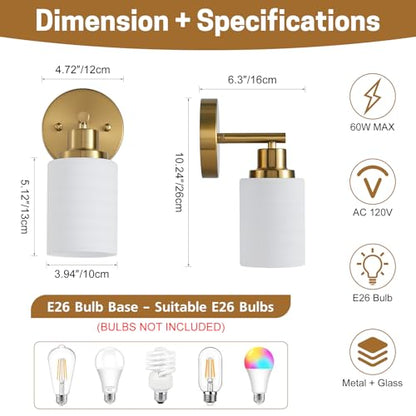 2-Pack, 1-Light Vanity Lights, Brushed Gold Bathroom Light Fixture with Textured Milky White Glass Shade, E26 Modern Vanity Lighting Fixture for Bathroom Wall Sconce - color: Gold, size: 4.7 Inch : 1-Light