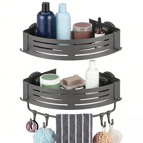 2 Pcs Corner Shower Caddy, Double-Layer Suction Cup No-Drilling Aluminum Organizer, Gray Triangular Bathroom Shelves with Towel Bar & Hooks, Wall Mount Space-Saving for Shower & Kitchen