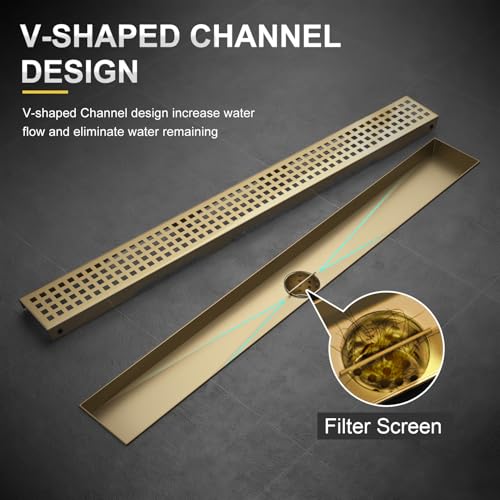 Linear Shower Drain - 24 Inch Brushed Gold, with Grate Removable | AISI 304 Stainless Steel Shower Drain with Adjustable Feet, Hair Catcher, Rectangle Shower Floor Drain Fits Bathroom, Balcony - color: Brushed Gold, size: 24 Inch