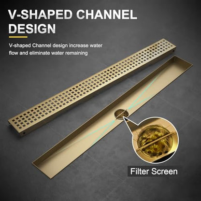 Linear Shower Drain - 24 Inch Brushed Gold, with Grate Removable | AISI 304 Stainless Steel Shower Drain with Adjustable Feet, Hair Catcher, Rectangle Shower Floor Drain Fits Bathroom, Balcony - color: Brushed Gold, size: 24 Inch