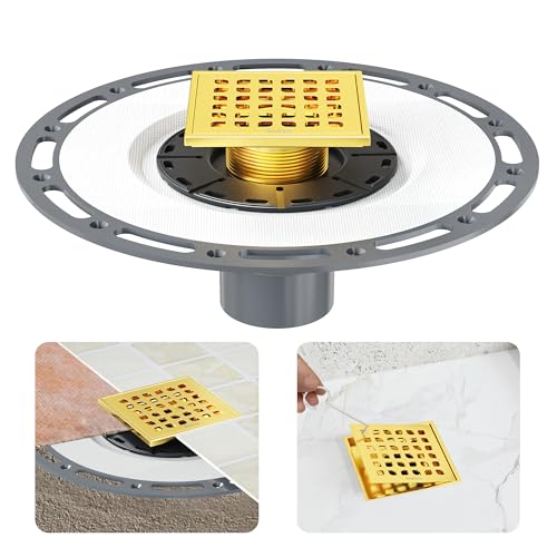 Neodrain 4" Golden Square Shower Drain with PVC Bonding Flange Base | 304 Stainless Steel Floor Drain with waterproof Fabric, Drain Grate Removable, Drain Key for Low Profile Shower Pan - color: Golden, size: 4 inch with PVC base