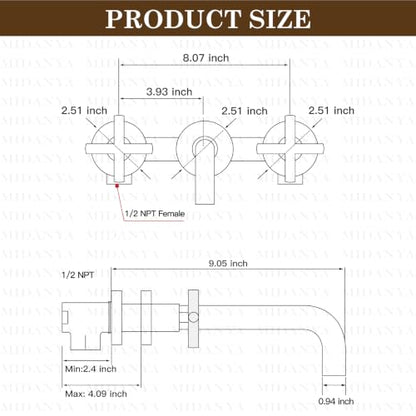 Midanya Wall Mount Bathroom Faucet 3 Hole 2 Cross Handle,Matte Black | SUS304 Stainless Steel,Rough-in Valve Included,360° Swivel Spout,for Bathroom Sink,Vanity - color: Matte Black