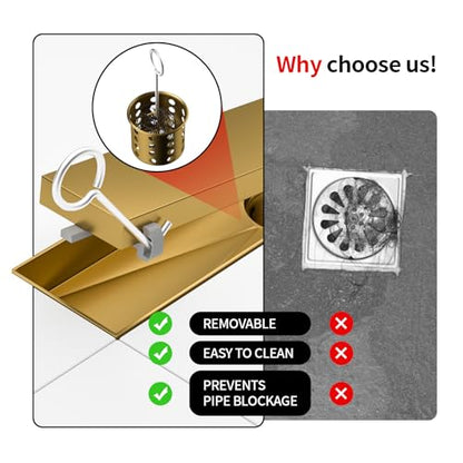 Linear Shower Drain 48inch，Gold 304 Stainless Steel Tile Insert Cover & Adjustable Leveling Feet Shower Floor Drain with Hair Catcher Fits Balcony Bathroom - color: Brushed Gold, size: 48inch