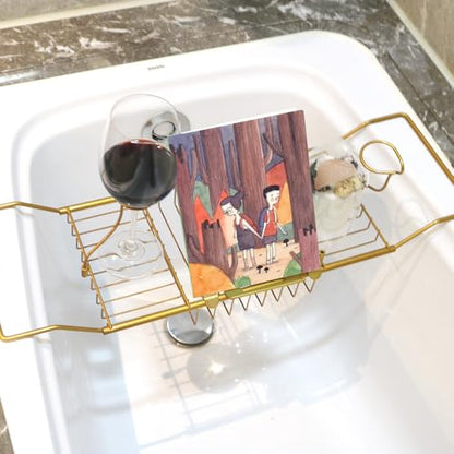Expandable Bathtub Caddy Tray with Wine Holder & Reading Rack, Bronze | Adjustable 20"-38" fits most tubs,Includes Soap Dish Wine Holder and Laptop Reading Rack,Bathtub Tray for Home - color: Bronze