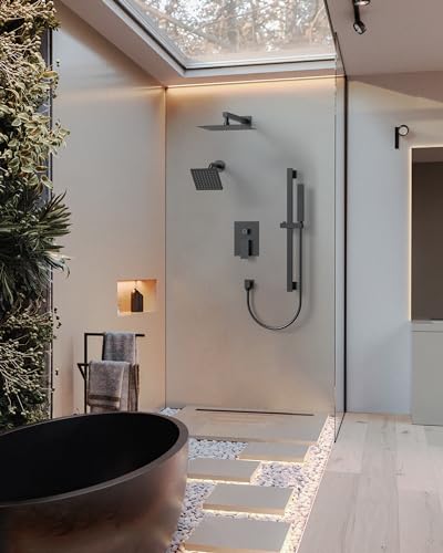 Shower Faucet Set, 10" & 6" Dual Rainfall Shower Heads System for Wall Mount with Slide Bar & Handheld Sprayer, Matte Black - color: Matte Black