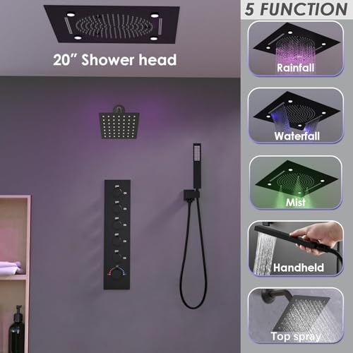 Enga Luxury Dual Shower Head System LED Thermostatic Shower System with 6 inch Wall Shower, 20-Inch 3 Function Shower Head (Rainfall & Mist & Waterfall), Matte Black - color: Matte Black, style: 20" Head (Rain + Mist+Waterfall) - 6" Head