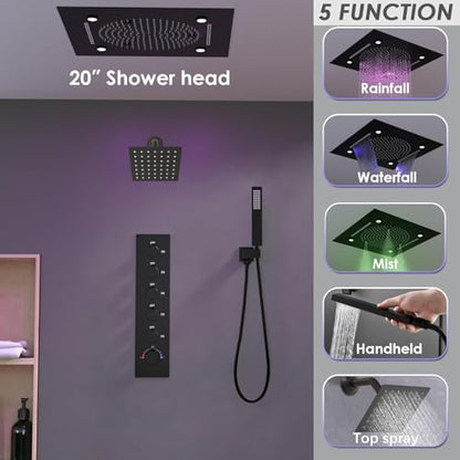 Enga Luxury Dual Shower Head System LED Thermostatic Shower System with 6 inch Wall Shower, 20-Inch 3 Function Shower Head (Rainfall & Mist & Waterfall), Matte Black - color: Matte Black, style: 20" Head (Rain + Mist+Waterfall) - 6" Head