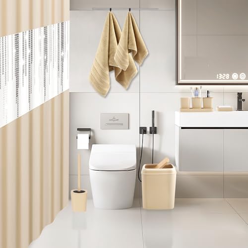 Beige Bathroom Accessories Set with Sequin Shower Curtain Beige Bathroom Decor with Trash Can,Toothbrush Holder, Toothbrush Cup,Soap Dispenser, Tray, Soap Dish,Toilet Brush - size: Bath Set+Shower Curtain+Towel Set, style: Beige