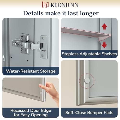 Keonjinn 40 x 32 Inch Large Medicine Cabinet for Bathroom, Silver Lightweight Combined Double Doors Mirrored Cabinet, Assembly Needed, Recessed or Wall Mount, Flexiable Ample Storage, Soft Closing | Assembly Needed, Lightweight Combined Double Doors, Rece