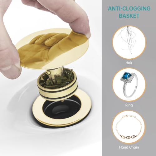 Brushed Gold Pop Up Bathroom Sink Drain with Overflow, 1 Pack | Bathroom sink stopper fits 1-5/8 to 2 in drain holes; 304 stainless steel for vanity and vessel sink drain - color: Gold, style: 1 PCS
