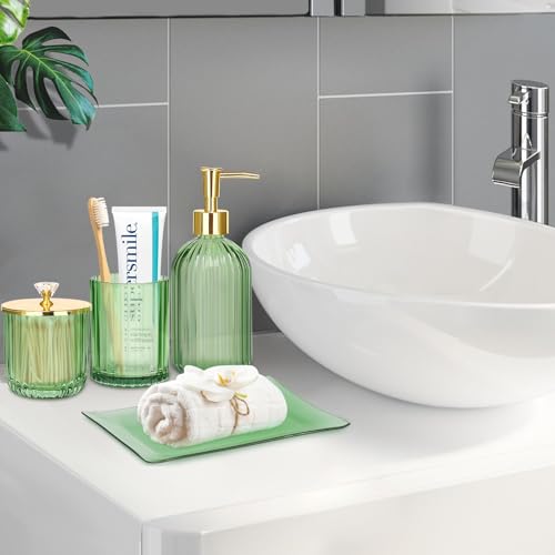 Haturi Glass Bathroom Accessories Set, Green Bathroom Set, 4 Pcs | Kit w/ Bathroom Soap Dispenser Set, Toothbrush Holder, Qtip Holder, Soap Dish, Green Bathroom Decor, Gift for Home Apartment - style: Light Green