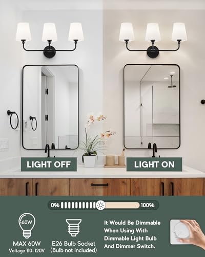 Bathroom Light Fixtures, Matte Black Vanity Lights with Flared White Fabric Shade, 3 Light Wall Sconce, Modern Sconces Wall Lighting for Hallway Bedroom, VL837-MB-3 | 24.5" bathroom light fixtures over mirror, upward only, E26 base, bulbs not included, VL