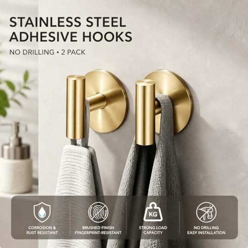 2 Pack Waterproof Adhesive Tissue Wall Hooks, Sticky Mount Hooks for Towel, Robe, Clothes-Golden - color: Golden
