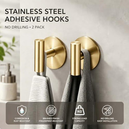 2 Pack Waterproof Adhesive Tissue Wall Hooks, Sticky Mount Hooks for Towel, Robe, Clothes-Golden - color: Golden