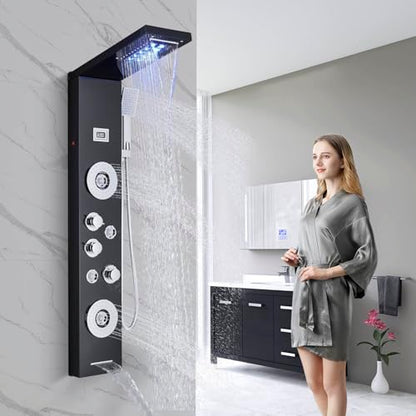 AlenArt Shower Panel Tower System Rainfall Waterfall Shower Head with Body Jets Stainless Steel Rain Massage System 5-Function High Pressure Shower Panel Tower System,HFT8029 - color: Black