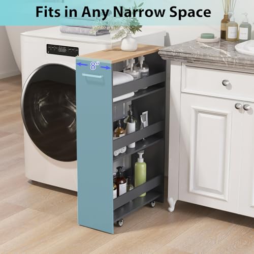 POWERSTONE 4-Tier Slim Storage Cart, Narrow Kitchen Rolling Cart w/Handle & Open Shelves, Skinny Slide Out Utility Organizer Trolley for Kitchen Bathroom Laundry Small Spaces Grey & Natural - color: Grey