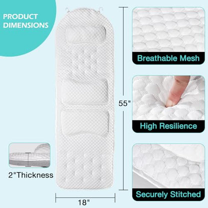 Full Body Bath Pillow for Bathtub, Thick Soft Tub Cushion with Non-Slip Suction Cups Dual Hooks, Luxury Spa Pillow for Neck Back and Hip Support, 55" x 18" - color: White
