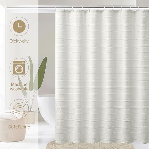 Extra Long Farmhouse White Shower Curtain Boho, 72 x 78 Cotton Blend Tufted Weave Waffle Stripe Textured Heavy Duty, Fabric Shower Curtain for Bathroom, Hotel - color: White B, size: 72"W x 78"L (Pack of 1)