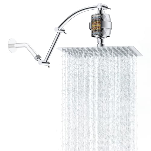 Hibbent 12'' Filtered Rain Shower Head with 16'' Extension Arm, Chrome | High Pressure Rainfall Showerhead, Brass Adjustable Shower Head Extension Arm, 20 Stage Shower Filter, Fixed Showerheads - color: Chrome, style: Square 12'' with Filter