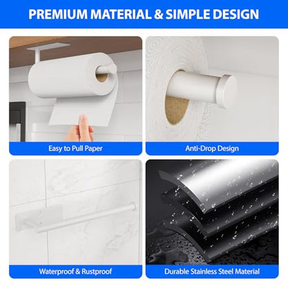 Paper Towel Holder Under Cabinet, Self-Adhesive,No Drilling, Stainless Steel, Wall-Mounted for Kitchen and Bathroom, Easy Install, Durable, Space-Saving, Ideal for Home, RV (White, 1 Pack) - color: White