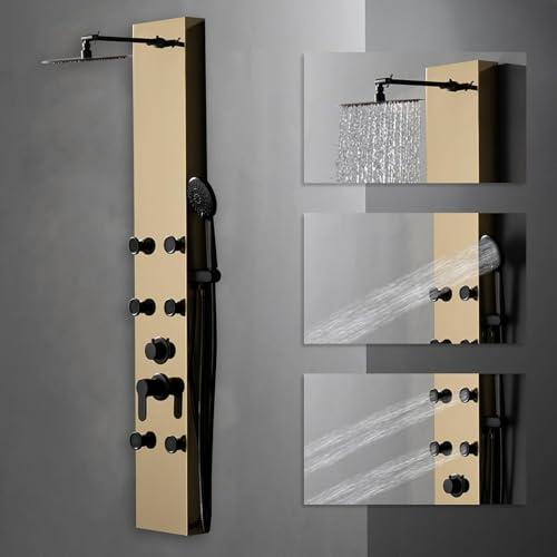 BWE Stainless Steel Modern Shower Panel Tower System | 3-Function Faucet Rainfall Shower Head, Handheld Sprayer, Massage Body Jets, Polished Gold