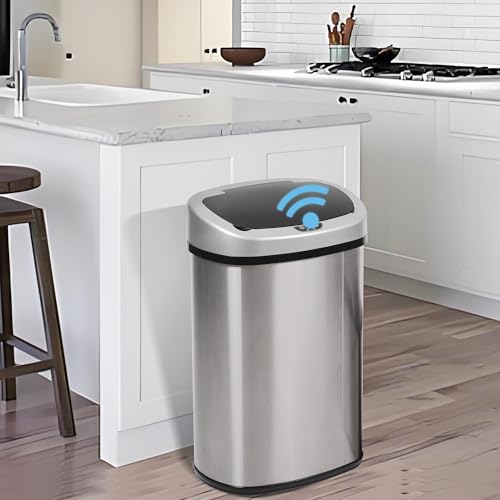 13 Gallon Stainless Steel Trash Can with Lid,Touch Free Automatic Kitchen Trash Can,Fingerprint-Resistant Soft Close Lid Garbage Can, 50L Large Capacity Garbage Can for Kitchen Home Office(Sliver) - color: Sliver