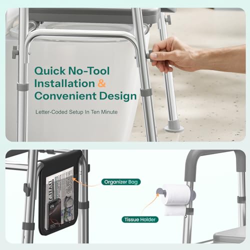 HOMEAL Seat Riser for Seniors with Bucket, Adjustable Raised Toilet Seat with Handles, Supports 450LBS, Heavy-Duty 3in1 Bedside Commode Chair for Any Toilet, Shower & Bedside (Grey, with Bucket) - size: With Commode