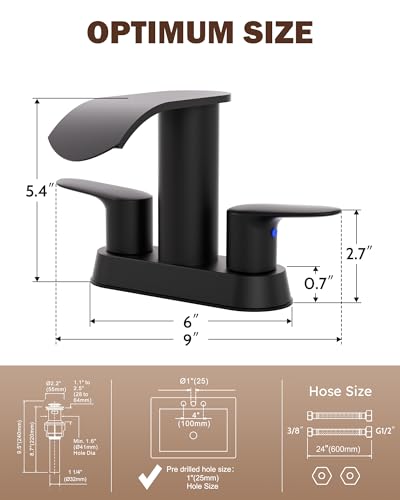 WOWOW Waterfall 4" Centerset 2-Handle Black Vanity Bathroom Faucet 3-Hole - color: Black