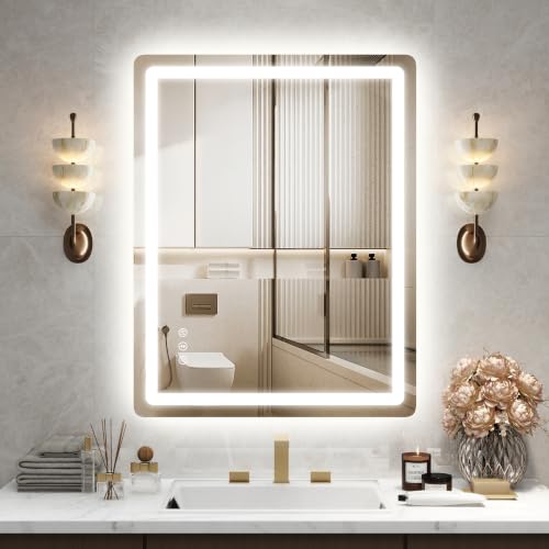 28"x36" LED Bathroom Mirror Anti-Fog Dimmable Wall Mount Vanity Touch | 3 Color Dimmable Led, Anti-Fog Heating, Touch Control, Tempered Glass, Waterproof Wall Mount For Vanity Makeup Shaving - size: 28"L x 36"W