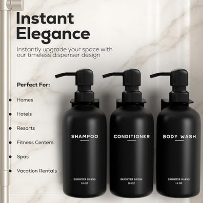 Black Shampoo and Conditioner Dispenser Set Wall Mounted by Brighter Barns - 3 Chamber No Drill Shampoo Bottles for Shower Wall - Refillable Plastic Shower Soap Dispenser for Airbnb, RV, Hotel (Black) - color: Modern (Black)