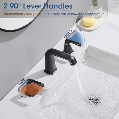 Widespread Bathroom Sink Faucet, Oil-Rubbed Bronze Bathroom Faucet 3 Hole，Brass Vanity Faucet with Pop Up Drain and 2 Supply Lines - color: B-Oil-Rubbed Bronze